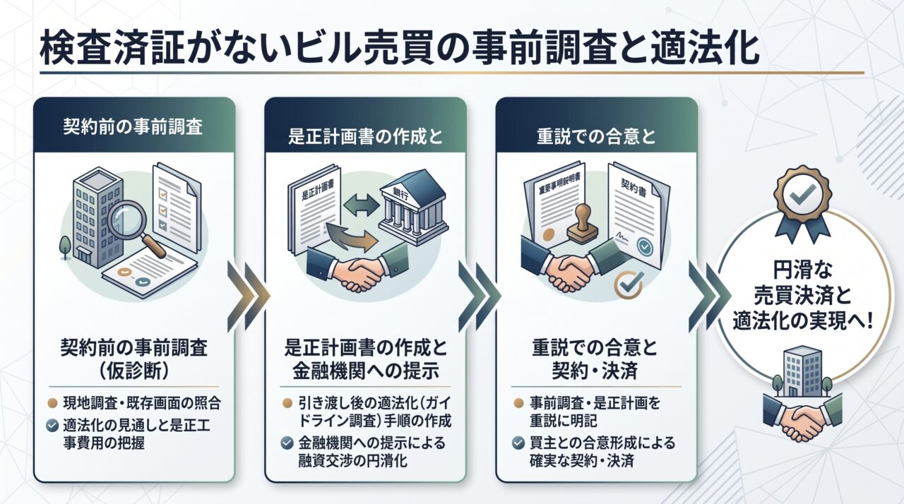 検査済証がないビル売買の事前調査と適正化のフロー図（契約前の事前調査、是正計画書の作成と金融機関への提示、重説での合意と契約・決済）